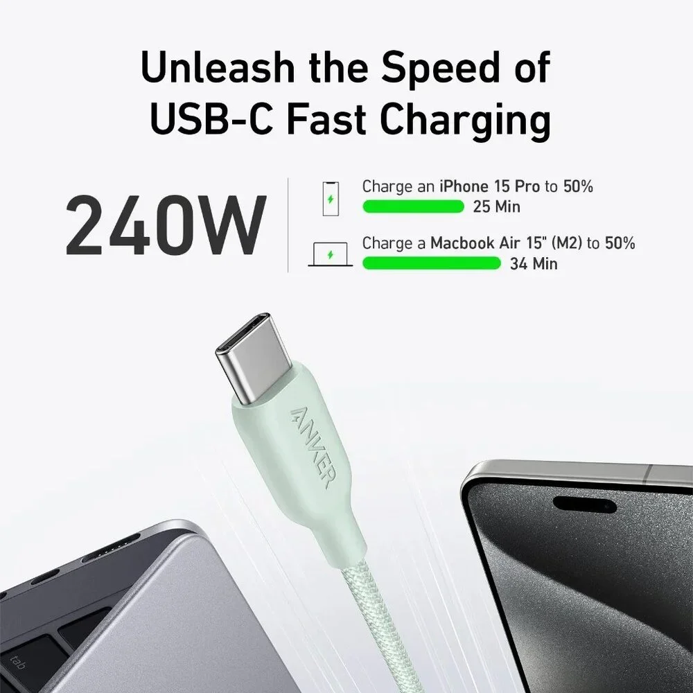 Anker 543 USB-C to USB-C Cable 6ft (Bio-Braided), Buds Green - 240W / NIB